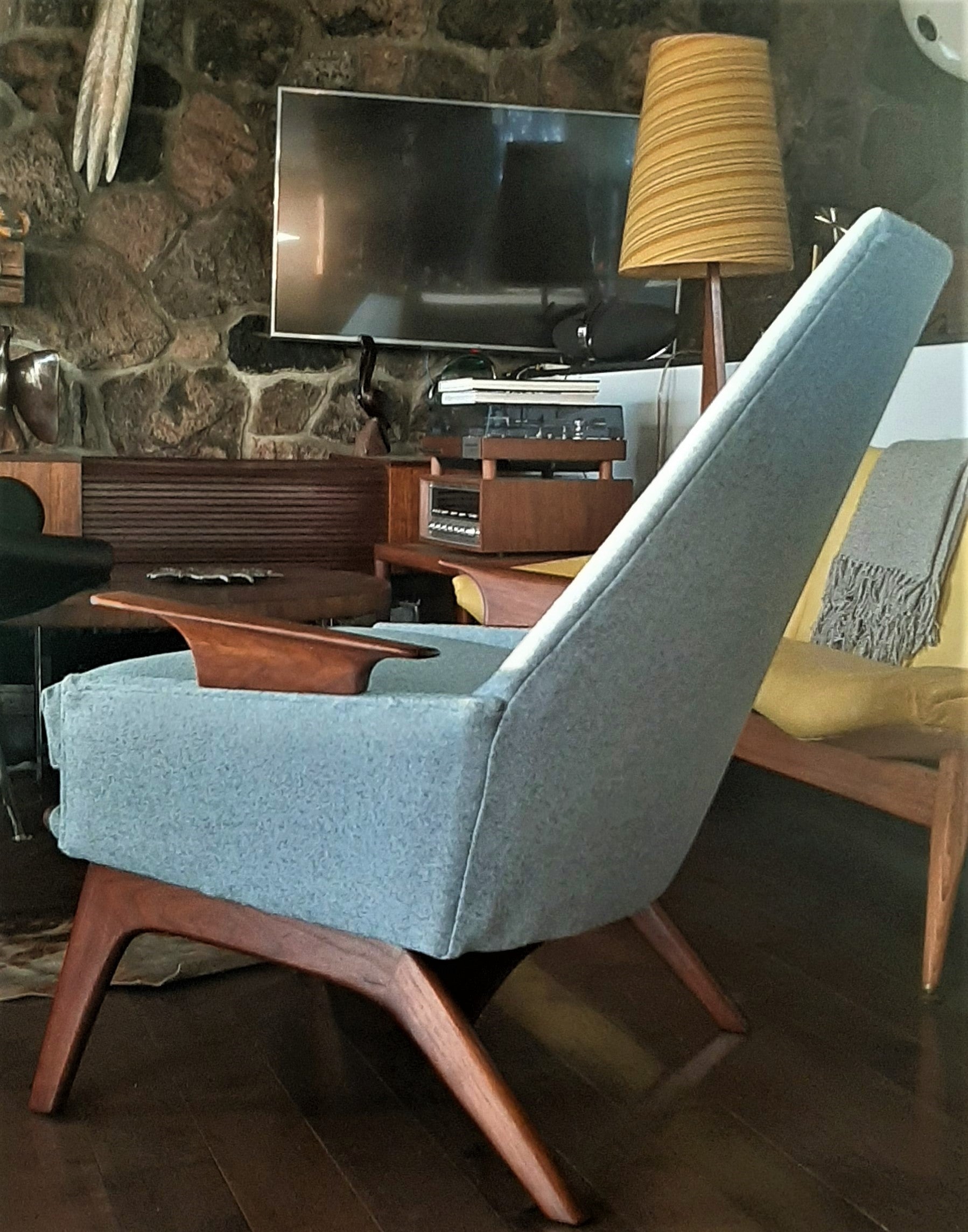 REFINISHED REUPHOLSTERED Adrian Pearsall style Lounge Chair in walnut & blue wool, perfect - Mid Century Modern Toronto