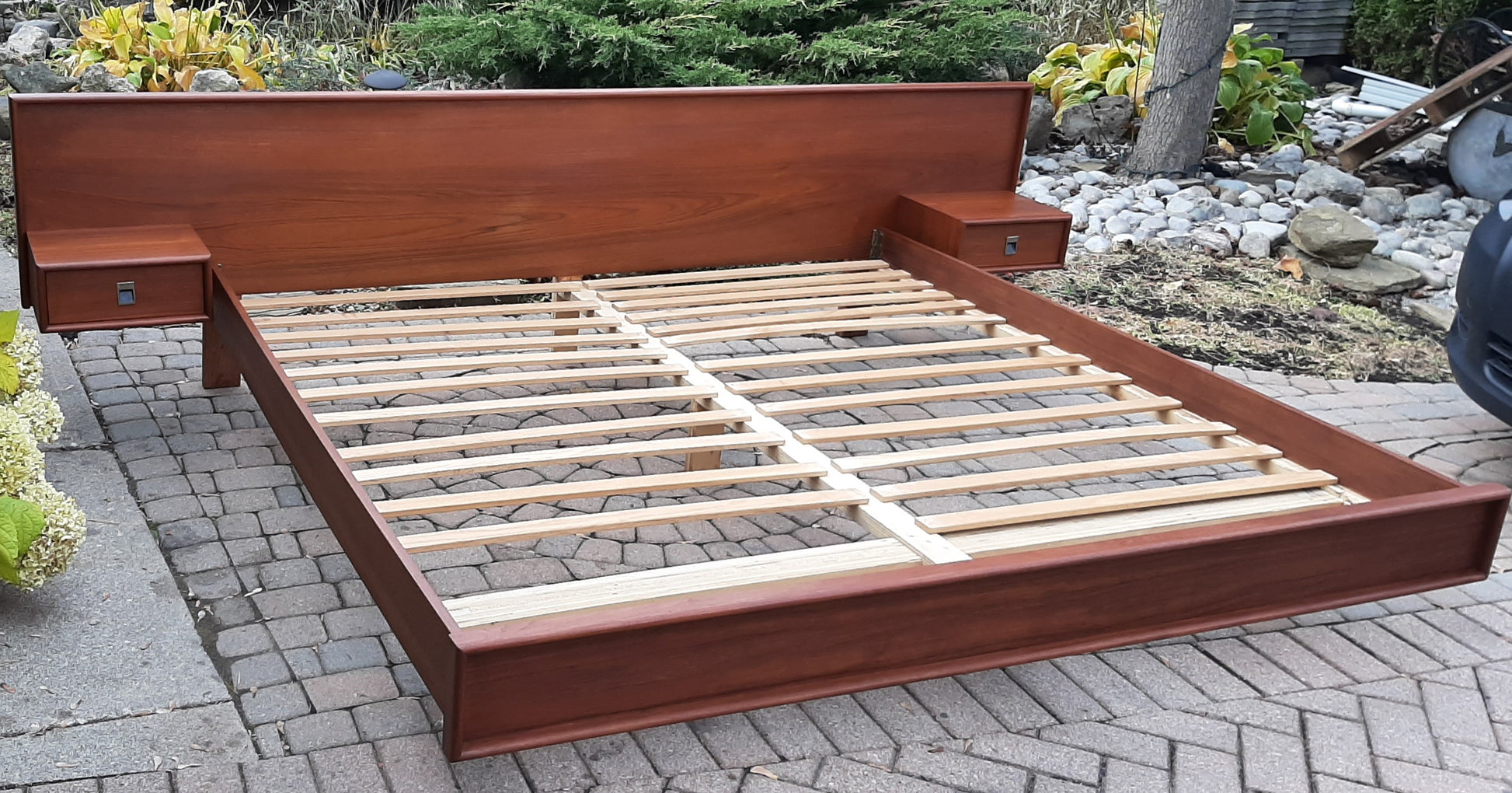 REFINISHED MCM Teak platform bed King size with floating night stands, PERFECT - Mid Century Modern Toronto