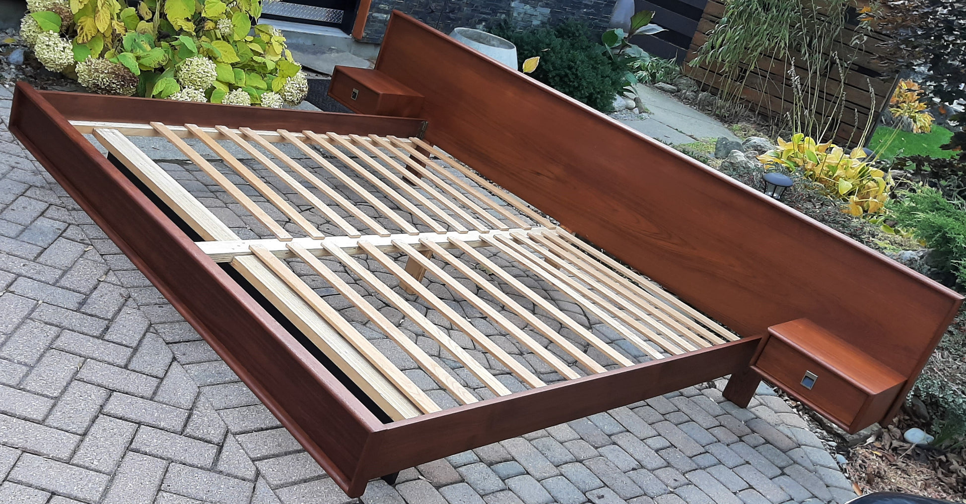 REFINISHED MCM Teak platform bed King size with floating night stands, PERFECT - Mid Century Modern Toronto