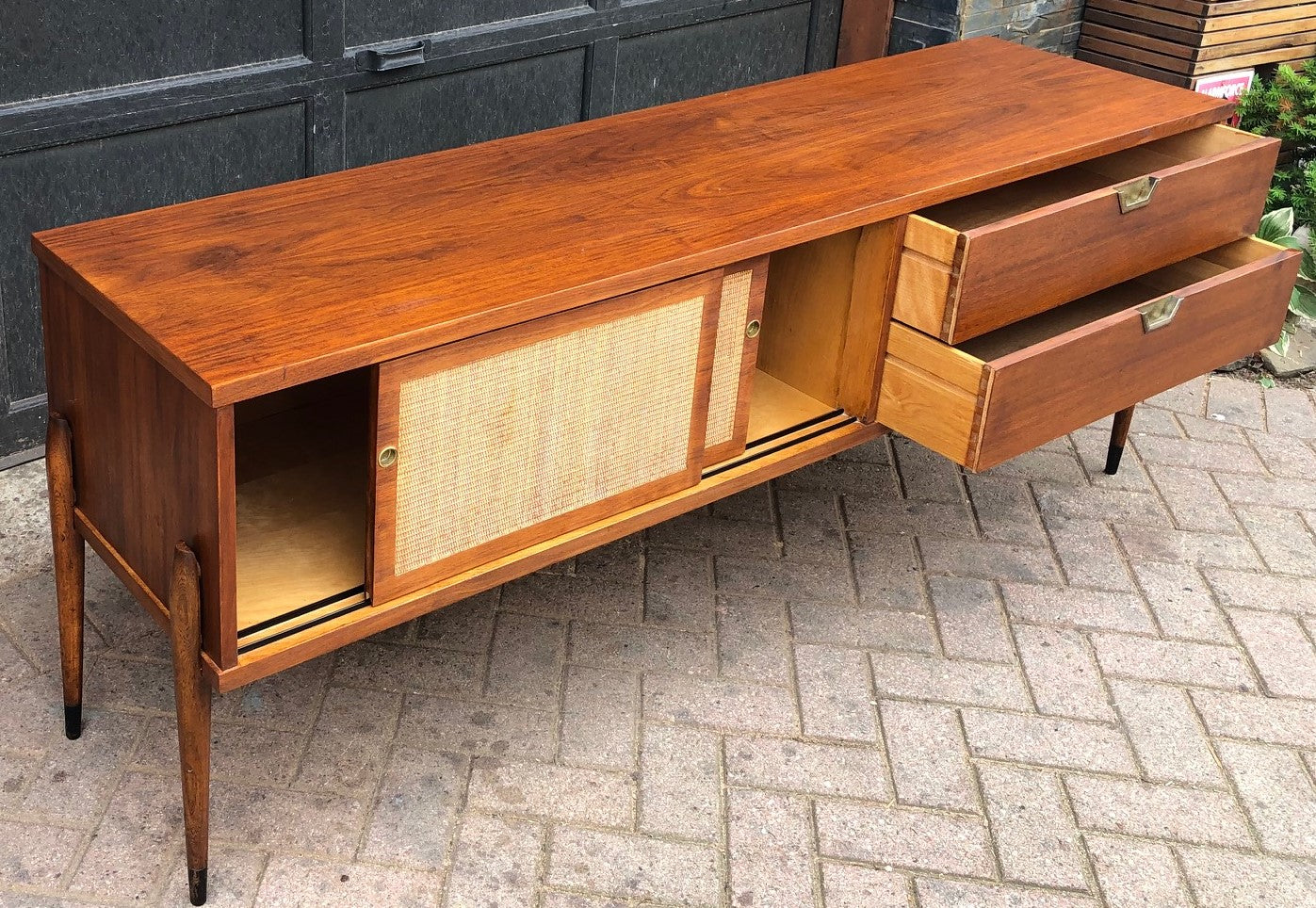 REFINISHED MCM Walnut Media Console or Buffet with reversible doors 72", almost perfect - Mid Century Modern Toronto