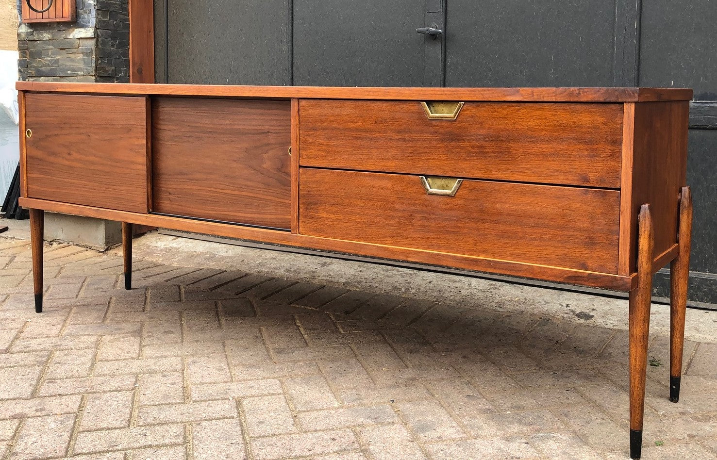 REFINISHED MCM Walnut Media Console or Buffet with reversible doors 72", almost perfect - Mid Century Modern Toronto