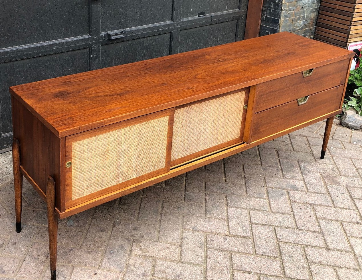 REFINISHED MCM Walnut Media Console or Buffet with reversible doors 72", almost perfect - Mid Century Modern Toronto