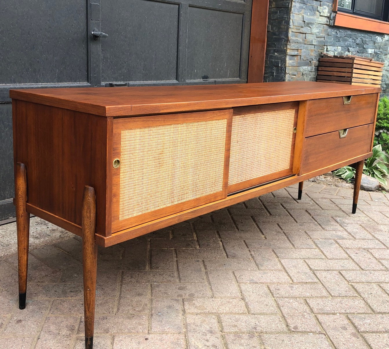 REFINISHED MCM Walnut Media Console or Buffet with reversible doors 72", almost perfect - Mid Century Modern Toronto