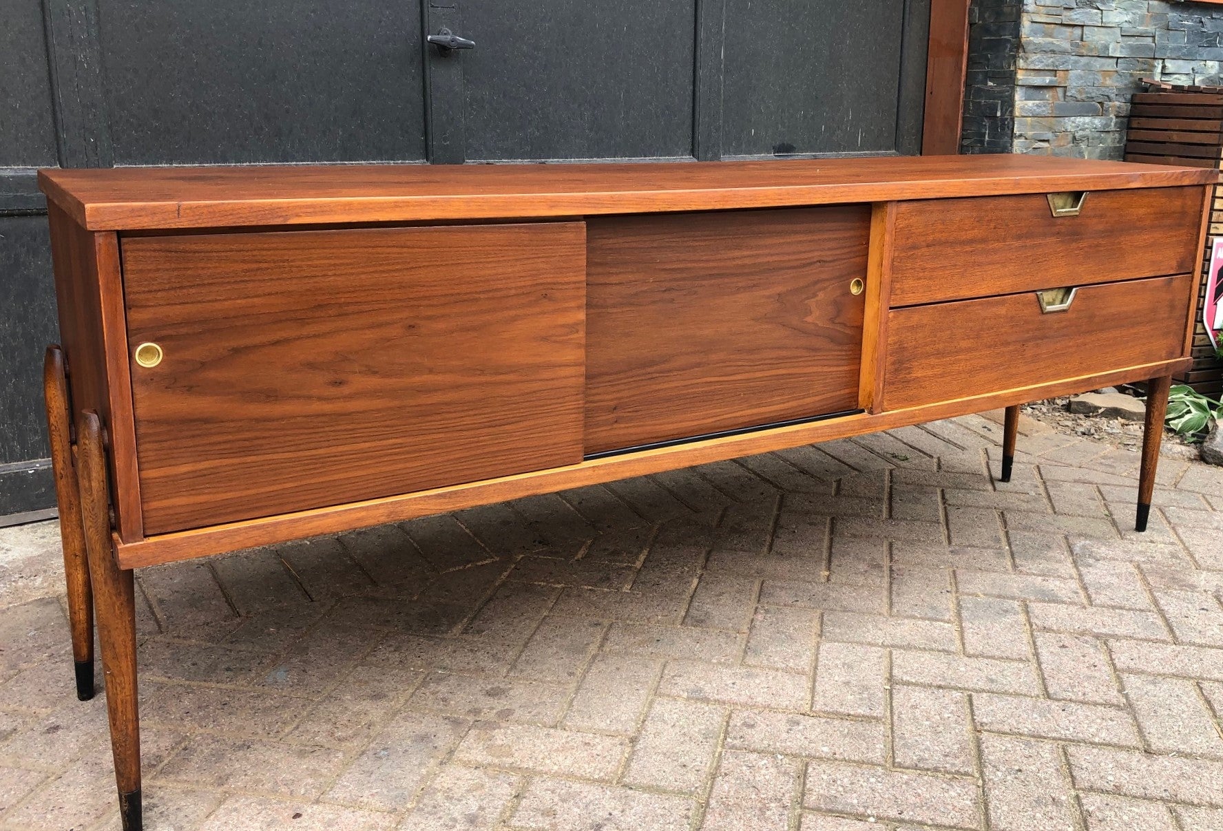 REFINISHED MCM Walnut Media Console or Buffet with reversible doors 72", almost perfect - Mid Century Modern Toronto