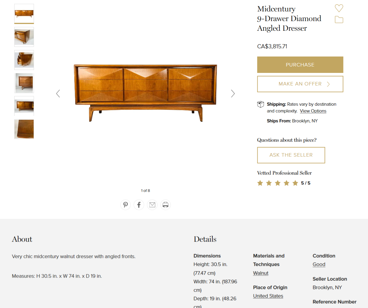 REFINISHED MCM Walnut 9 Drawer Dresser or Credenza V.Kagan style, PERFECT