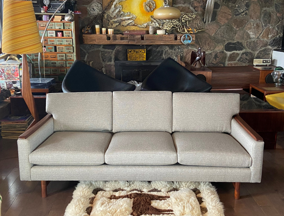 REFINISHED REUPHOLSTERED in Greige Performance Fabric High Quality MCM Sofa by SELIG - PERFECT