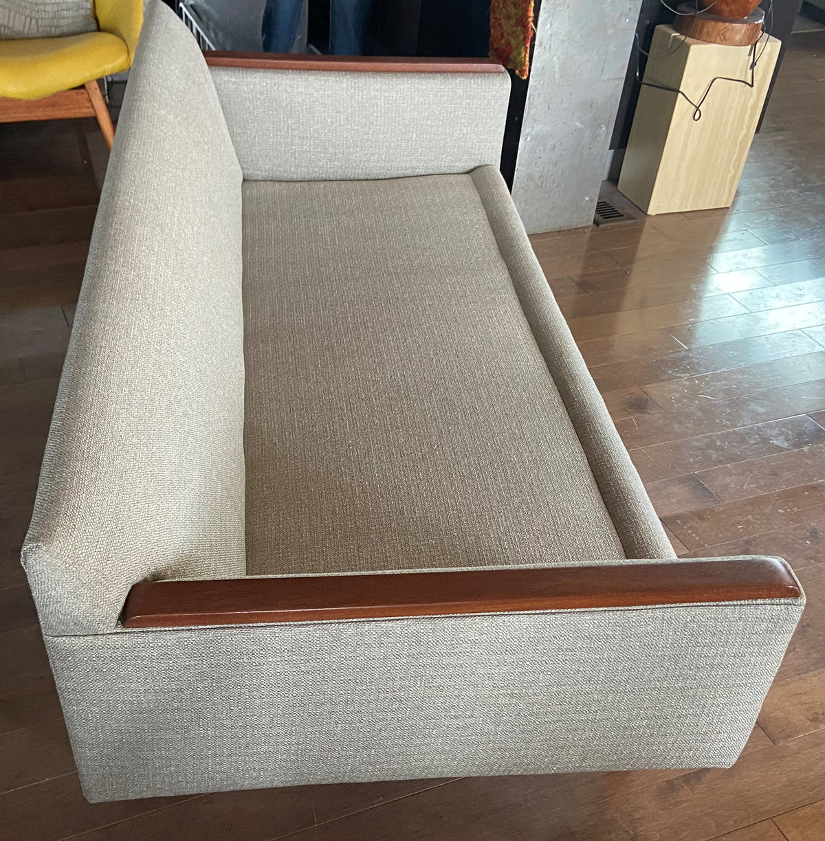 REFINISHED REUPHOLSTERED in Greige Performance Fabric High Quality MCM Sofa by SELIG - PERFECT