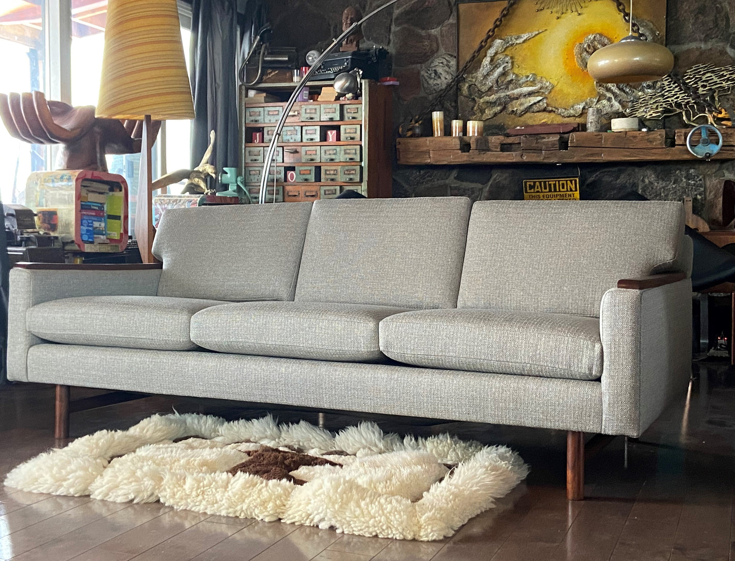 REFINISHED REUPHOLSTERED in Greige Performance Fabric High Quality MCM Sofa by SELIG - PERFECT