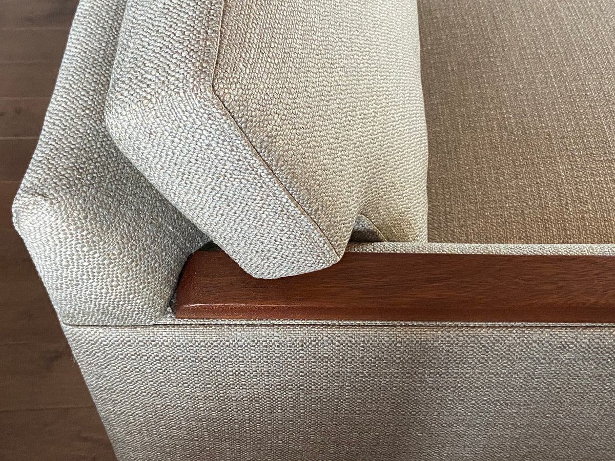 REFINISHED REUPHOLSTERED in Greige Performance Fabric High Quality MCM Sofa by SELIG - PERFECT