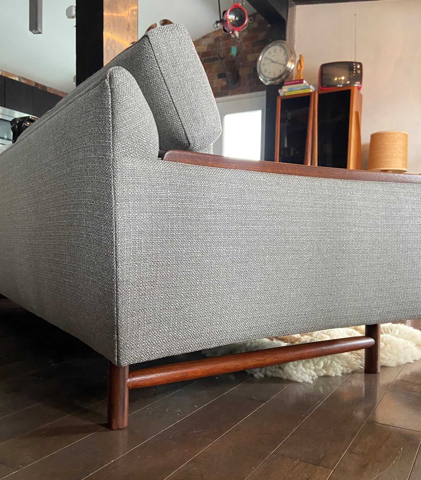 REFINISHED REUPHOLSTERED in Greige Performance Fabric High Quality MCM Sofa by SELIG - PERFECT