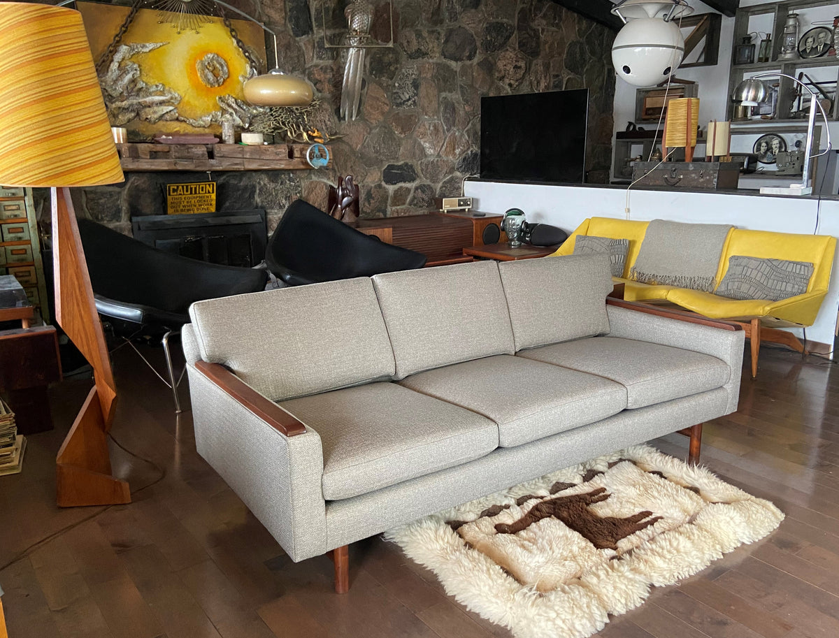 REFINISHED REUPHOLSTERED in Greige Performance Fabric High Quality MCM Sofa by SELIG - PERFECT