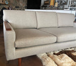REFINISHED REUPHOLSTERED in Greige Performance Fabric High Quality MCM Sofa by SELIG - PERFECT 10