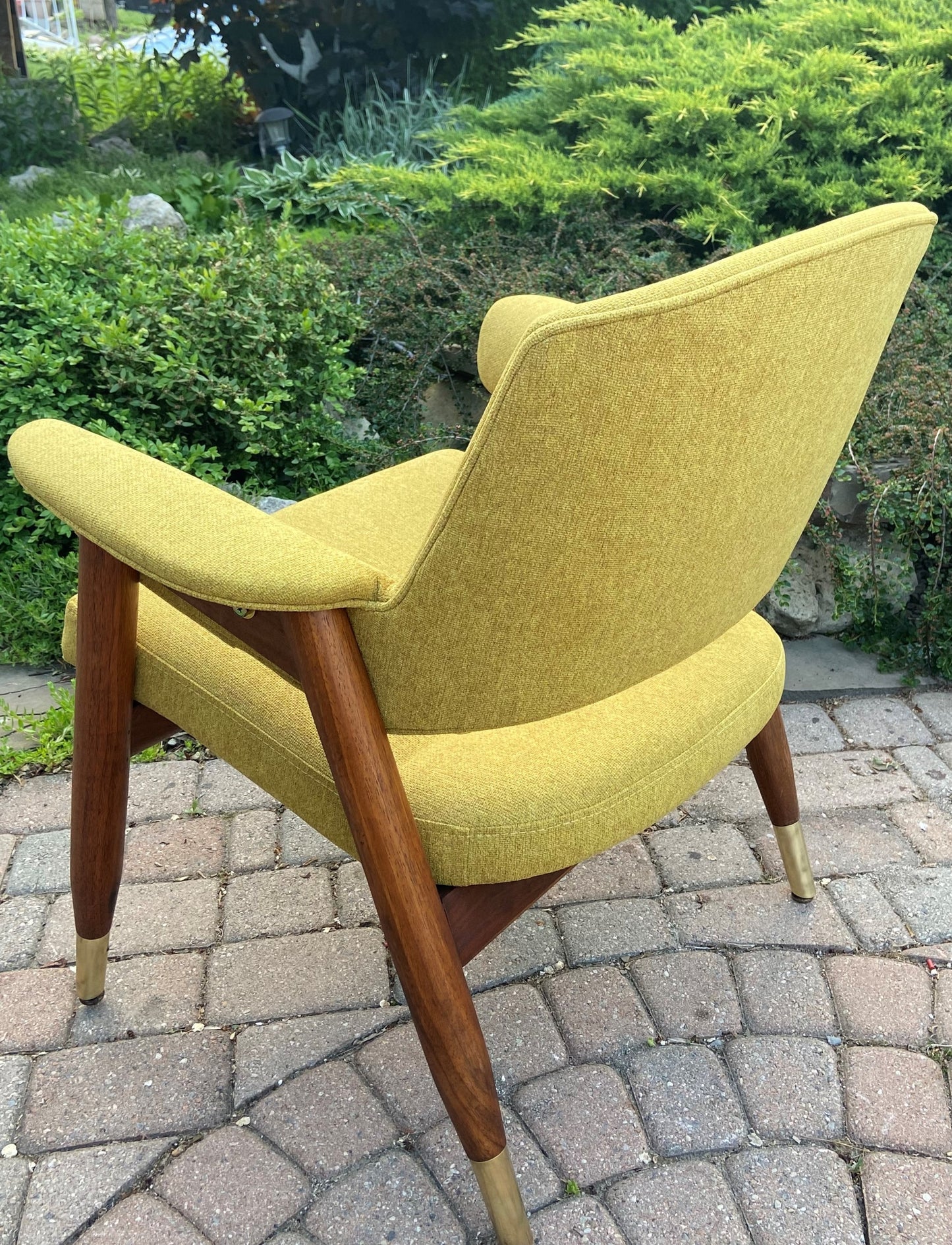 REFINISHED REUPHOLSTERED Mid Century Modern walnut armchair, Perfect