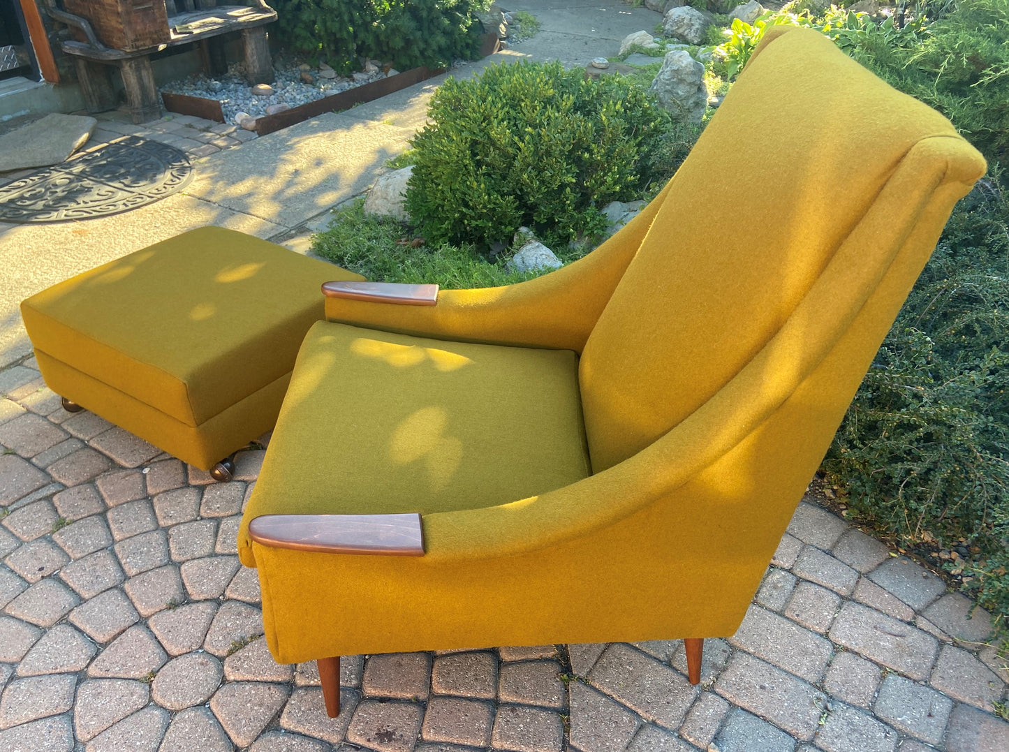 REFINISHED REUPHOLSTERED Mid Century Modern armchair & ottoman