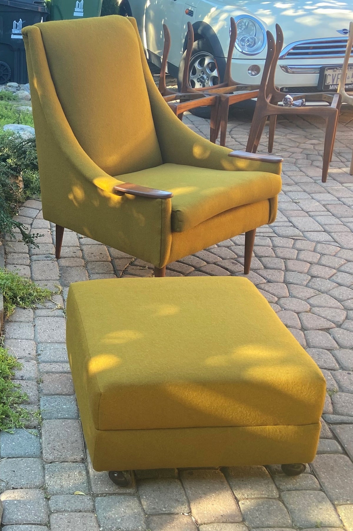 REFINISHED REUPHOLSTERED Mid Century Modern armchair & ottoman