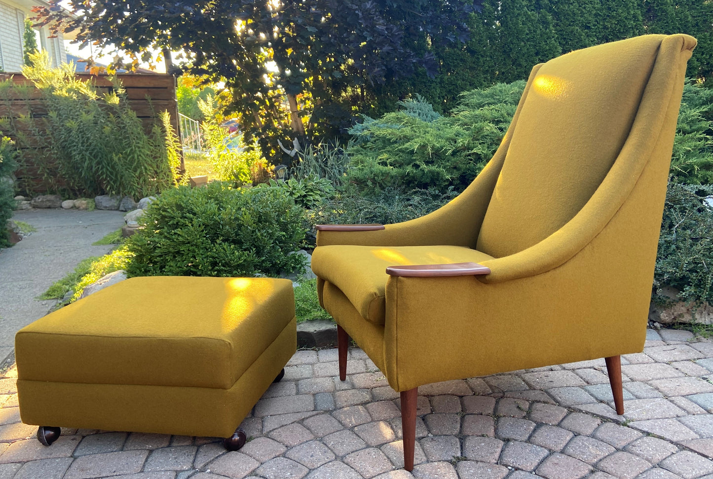 REFINISHED REUPHOLSTERED Mid Century Modern armchair & ottoman
