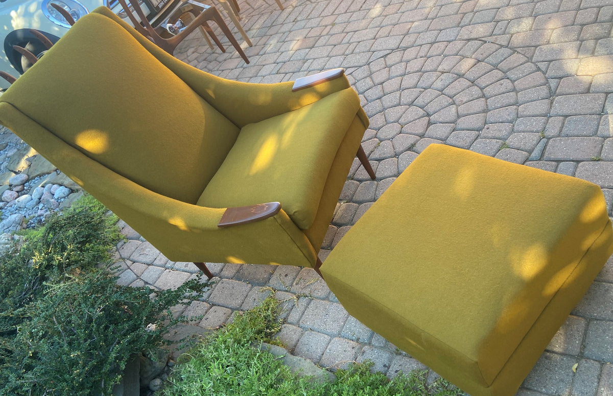 REFINISHED REUPHOLSTERED Mid Century Modern armchair & ottoman