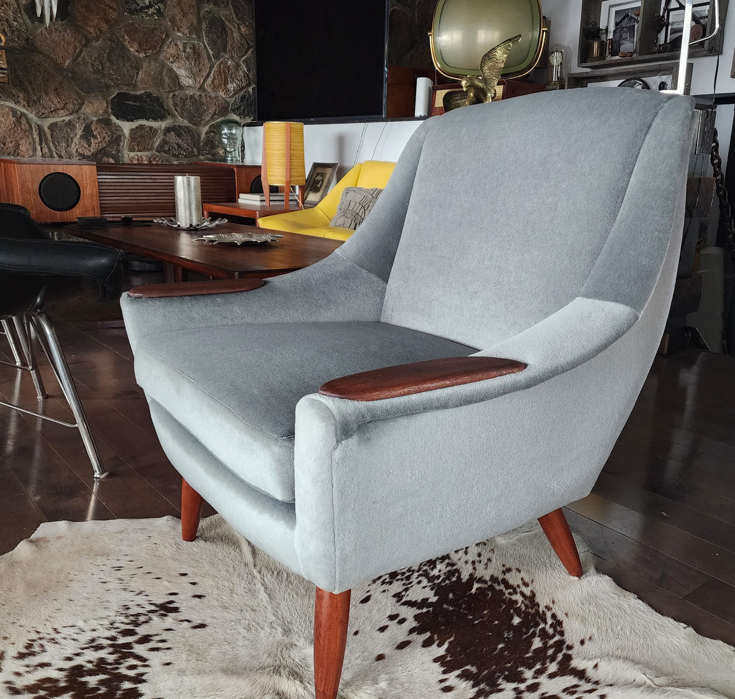 REFINISHED & REUPHOLSTERED in wool mohair teak MCM  Lounge Chair, Perfect