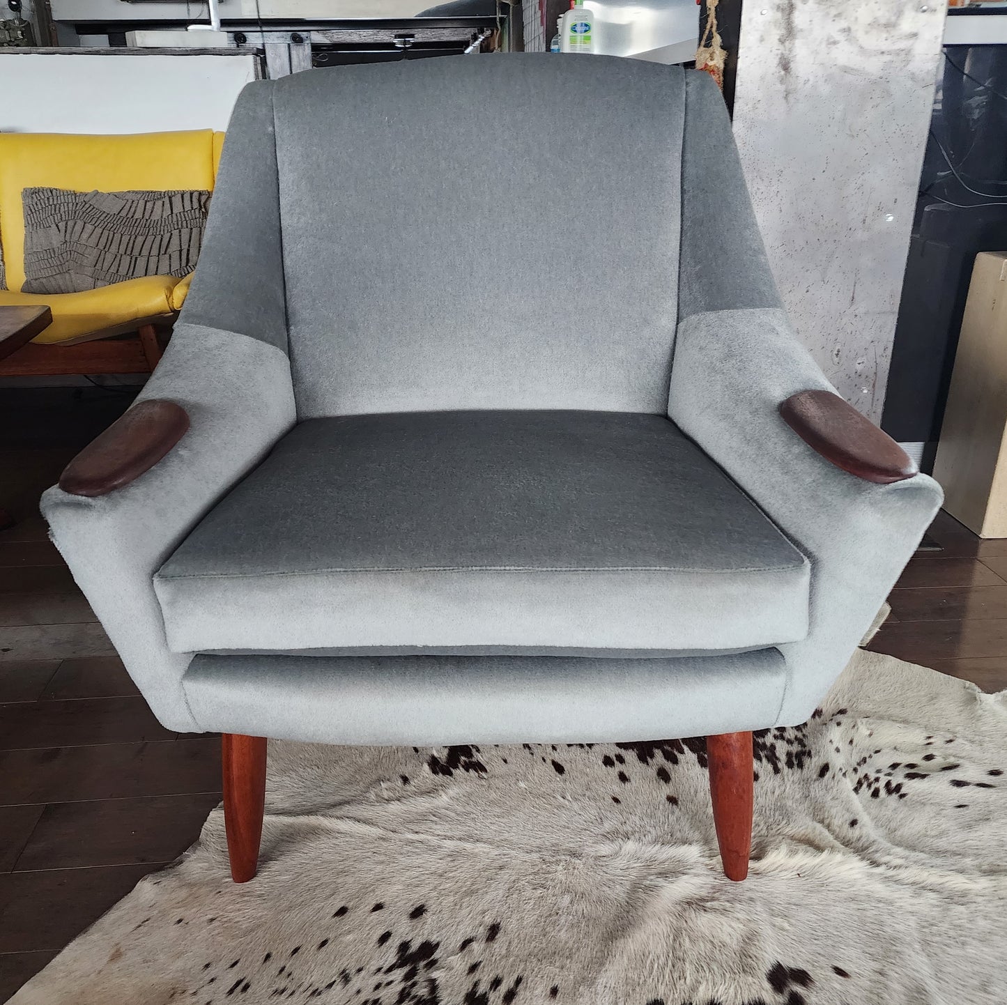 REFINISHED & REUPHOLSTERED in wool mohair teak MCM  Lounge Chair, Perfect