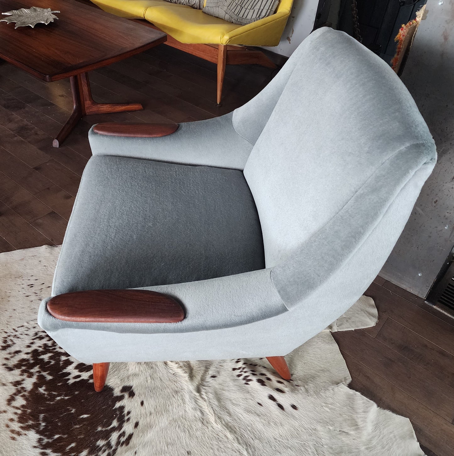 REFINISHED & REUPHOLSTERED in wool mohair teak MCM  Lounge Chair, Perfect