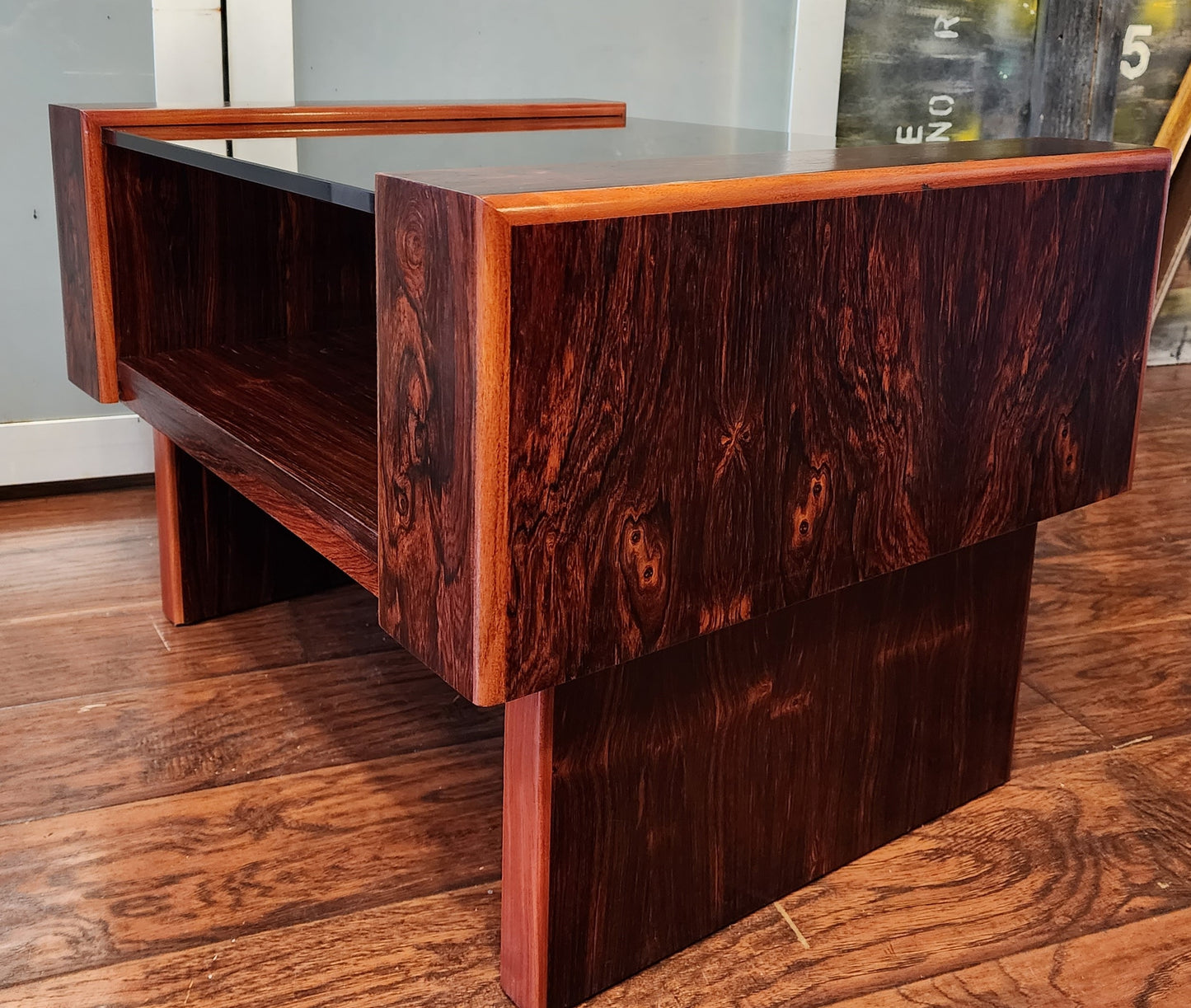 REFINISHED Mid Century Modern Rosewood & Glass End Table with Storage