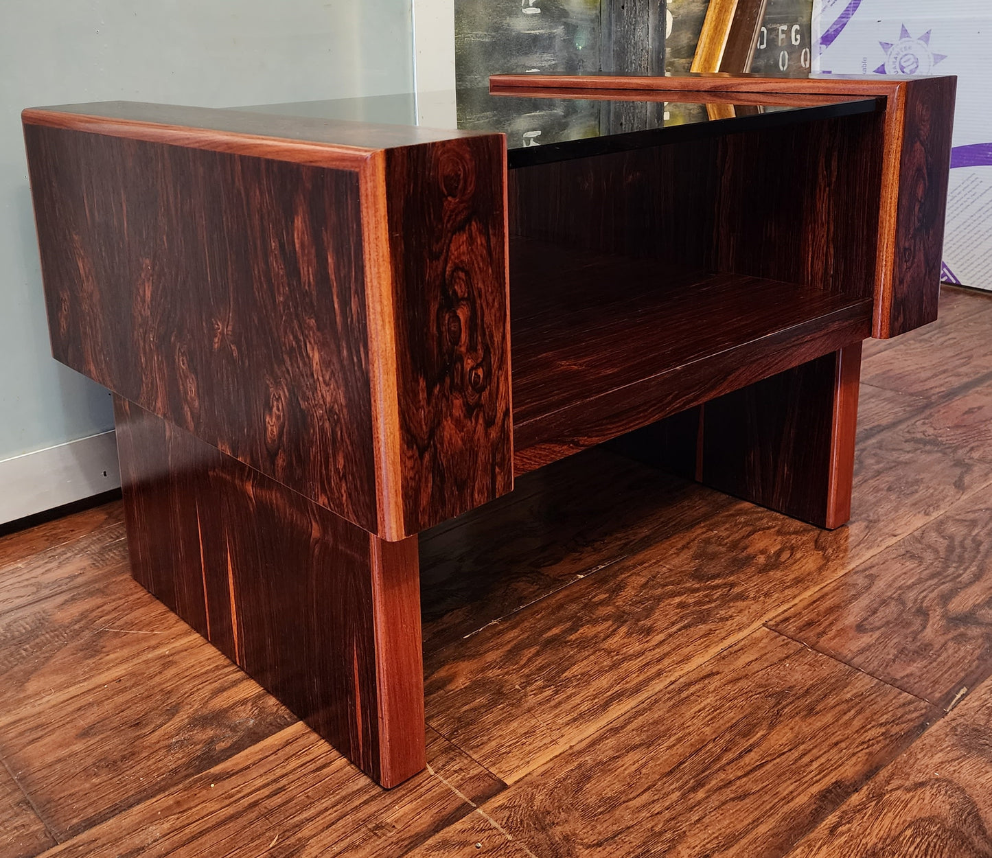 REFINISHED Mid Century Modern Rosewood & Glass End Table with Storage