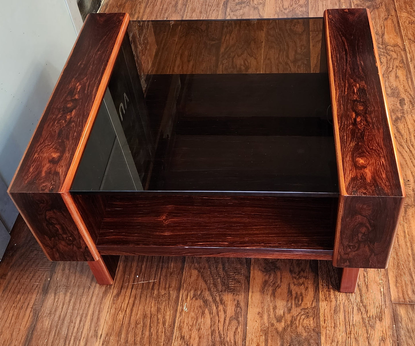 REFINISHED Mid Century Modern Rosewood & Glass End Table with Storage