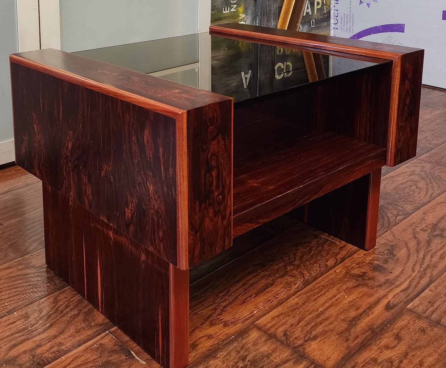 REFINISHED Mid Century Modern Rosewood & Glass End Table with Storage