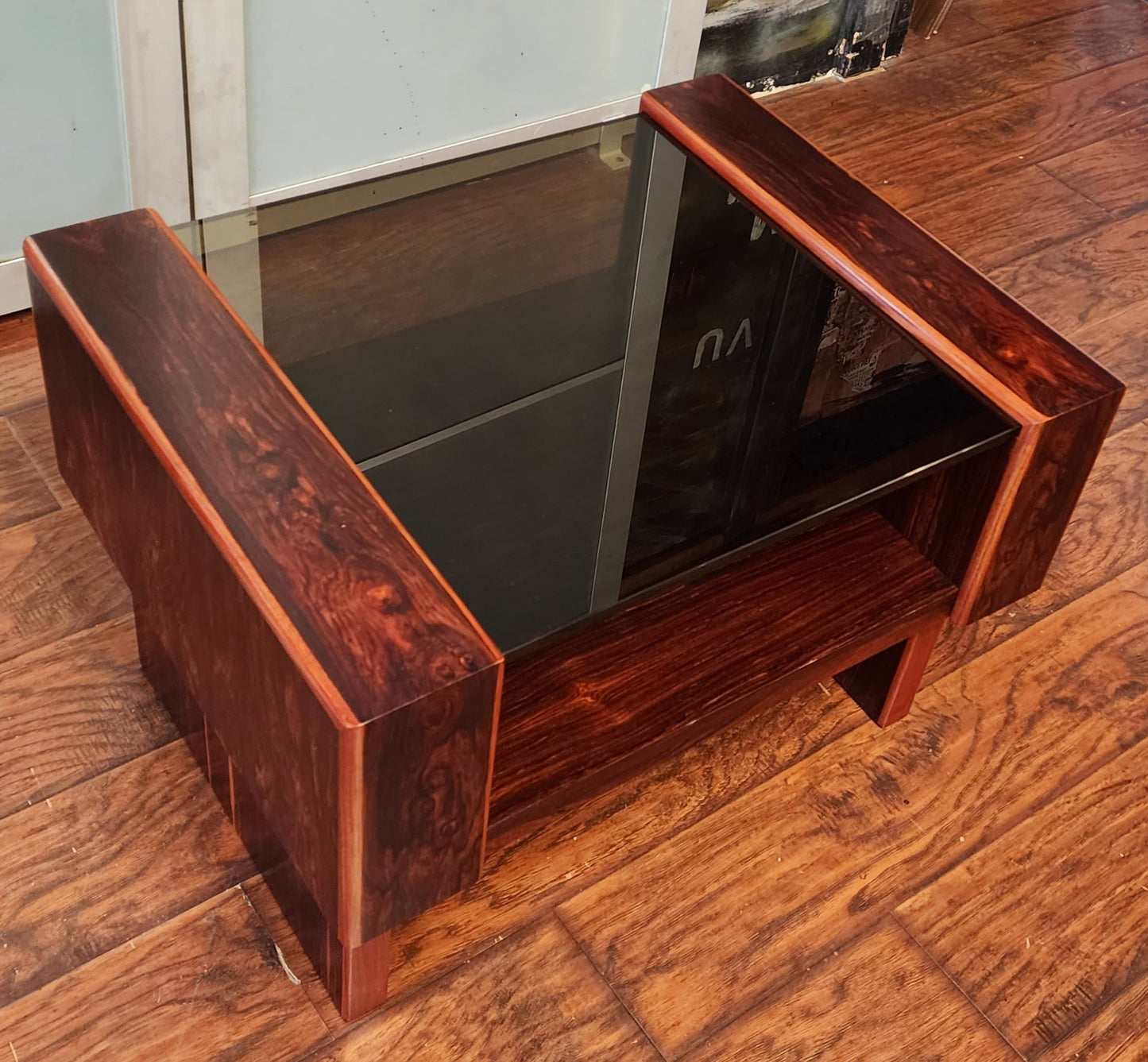 REFINISHED Mid Century Modern Rosewood & Glass End Table with Storage