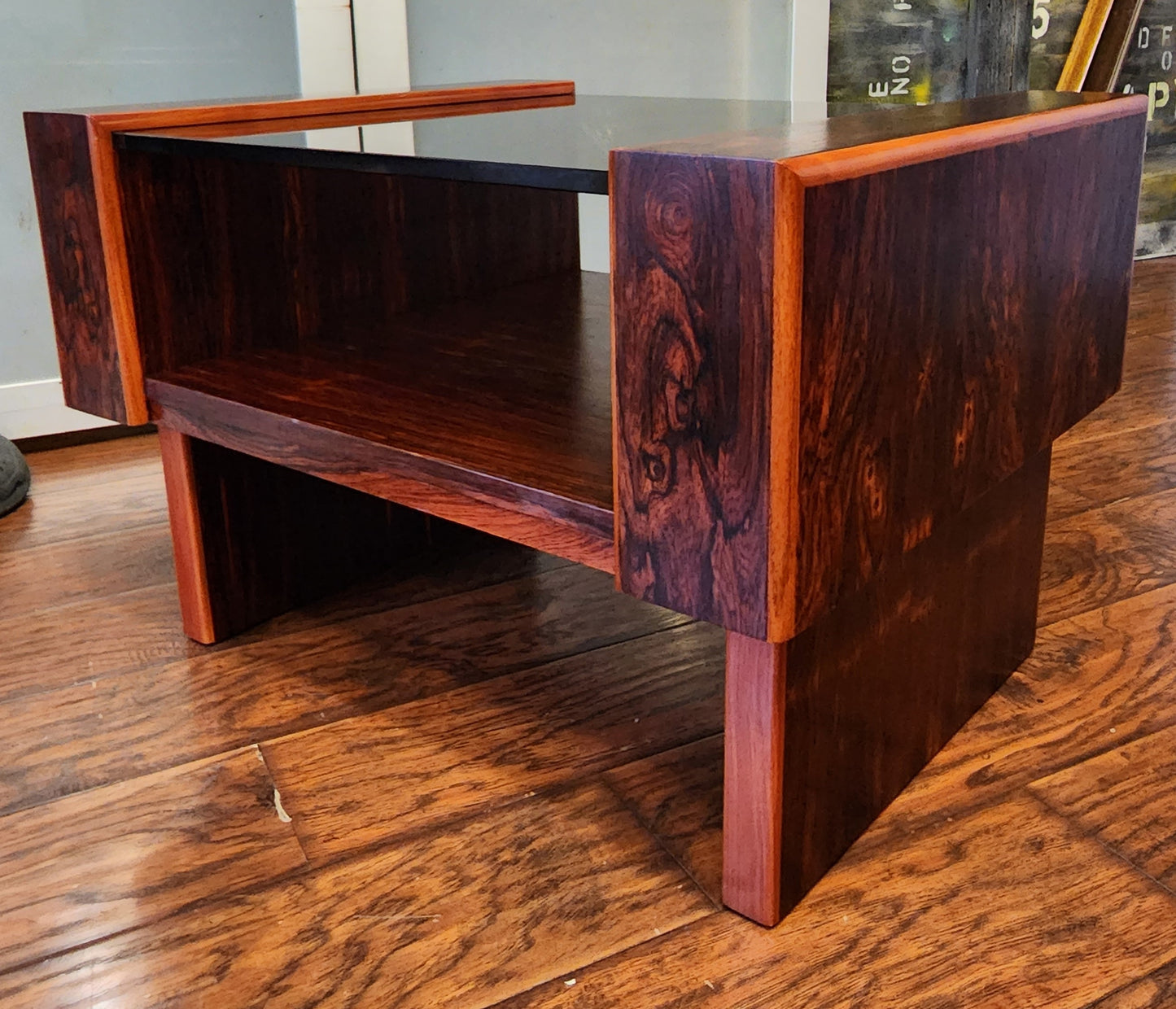 REFINISHED Mid Century Modern Rosewood & Glass End Table with Storage