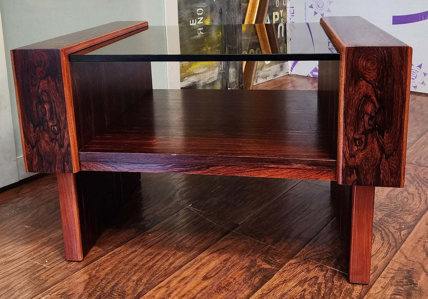 REFINISHED Mid Century Modern Rosewood & Glass End Table with Storage