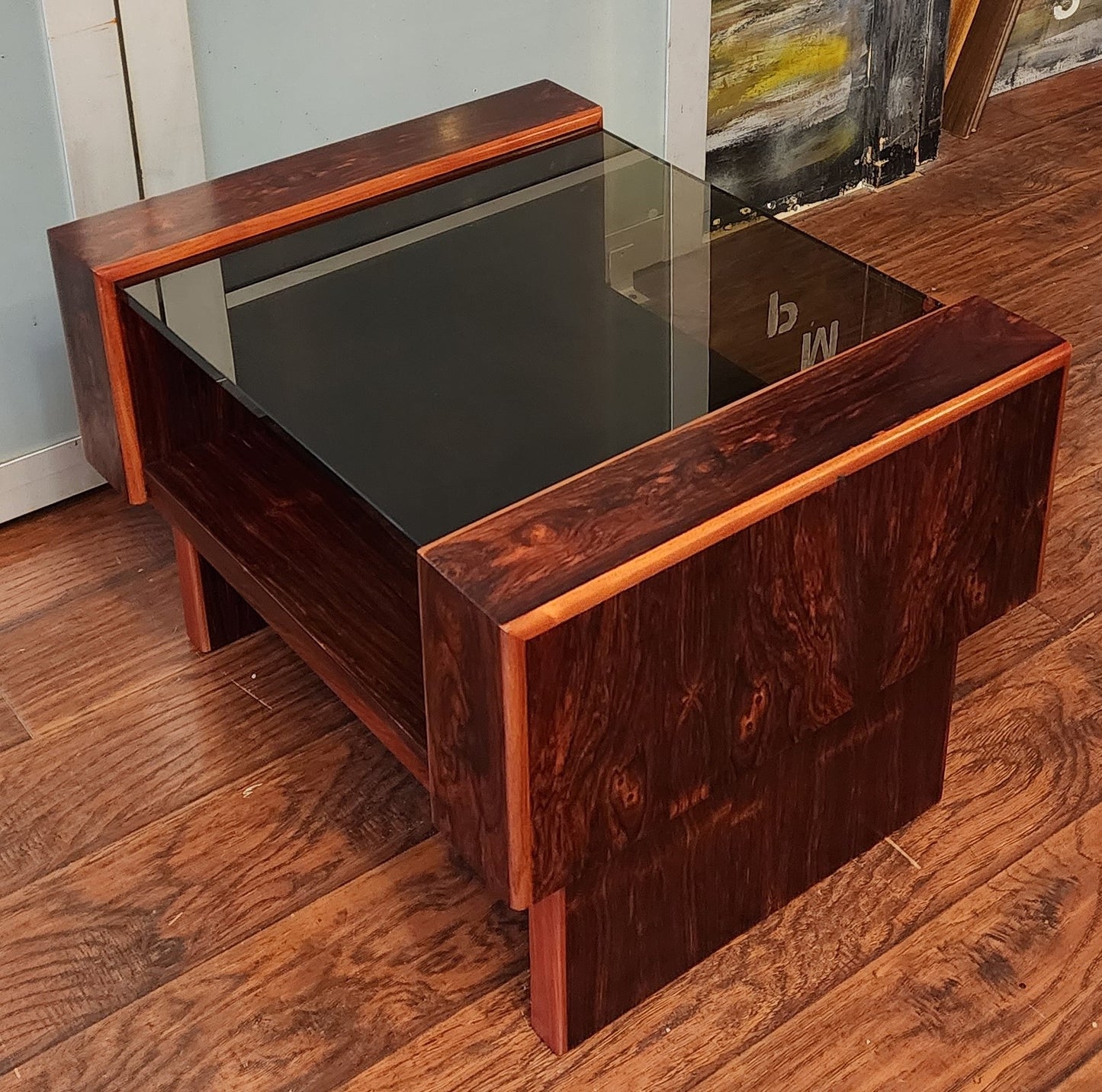 REFINISHED Mid Century Modern Rosewood & Glass End Table with Storage