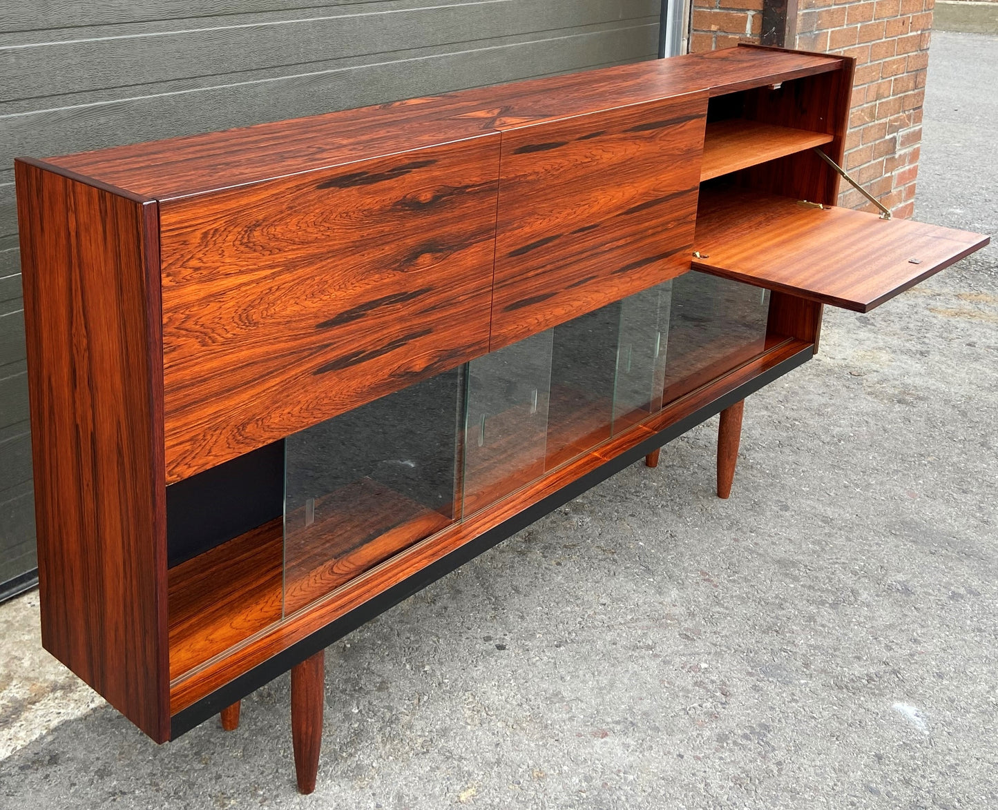 REFINISHED Mid Century Modern Cabinet w Rosewood & Glass Doors Narrow 73.5", Perfect