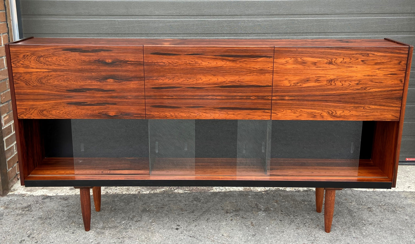 REFINISHED Mid Century Modern Cabinet w Rosewood & Glass Doors Narrow 73.5", Perfect