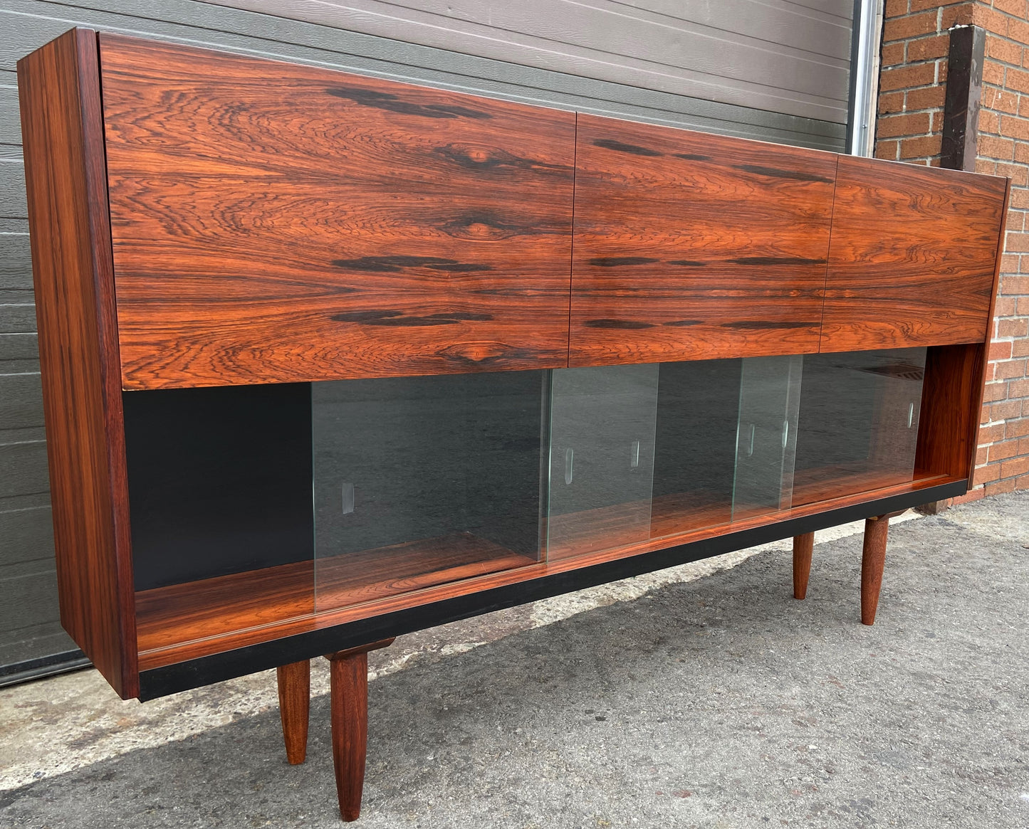 REFINISHED Mid Century Modern Cabinet w Rosewood & Glass Doors Narrow 73.5", Perfect