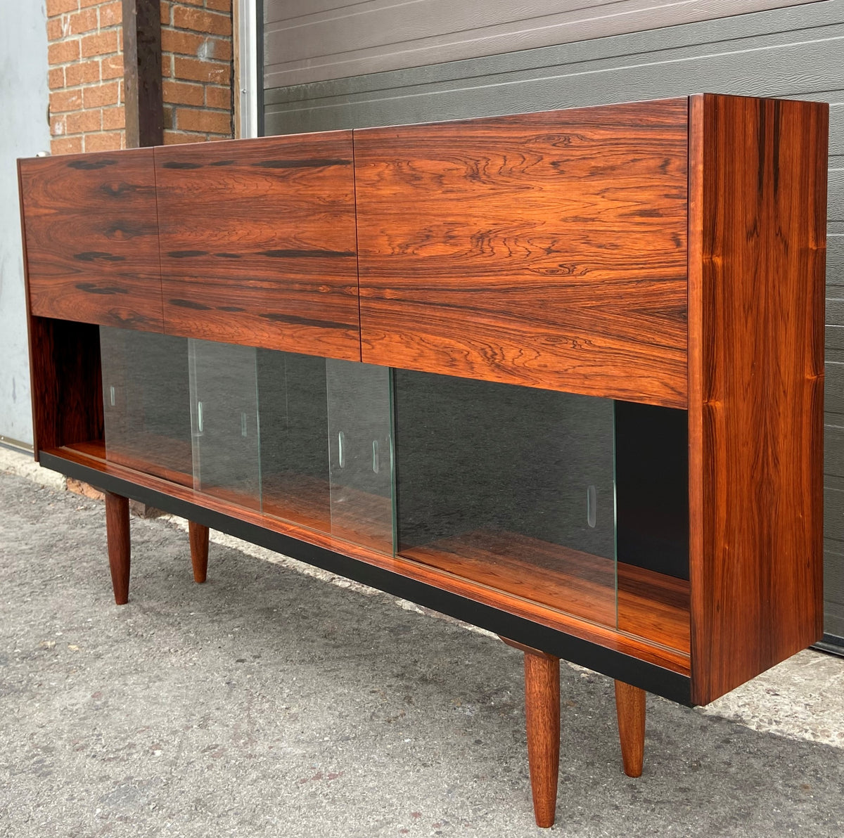 REFINISHED Mid Century Modern Cabinet w Rosewood & Glass Doors Narrow 73.5