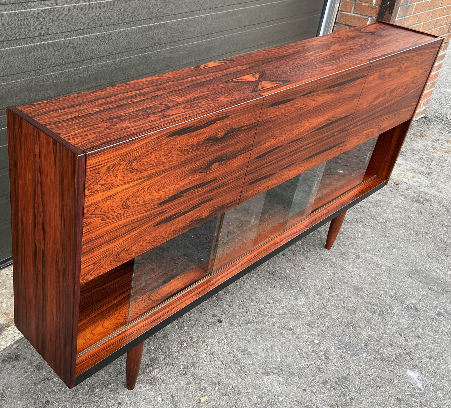 REFINISHED Mid Century Modern Cabinet w Rosewood & Glass Doors Narrow 73.5", Perfect