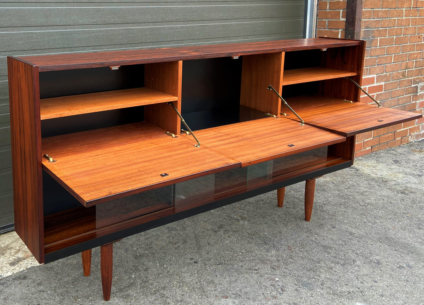 REFINISHED Mid Century Modern Cabinet w Rosewood & Glass Doors Narrow 73.5", Perfect