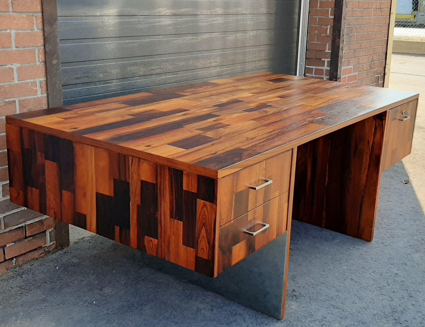 REFINISHED MCM rosewood & chrome desk with finished back Milo Baughman style, perfect