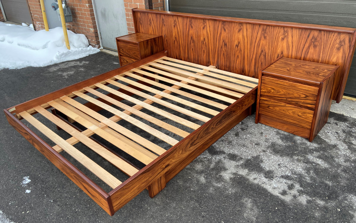 REFINISHED Mid Century Modern Rosewood Queen Bed w 2 Nightstands, PERFECT