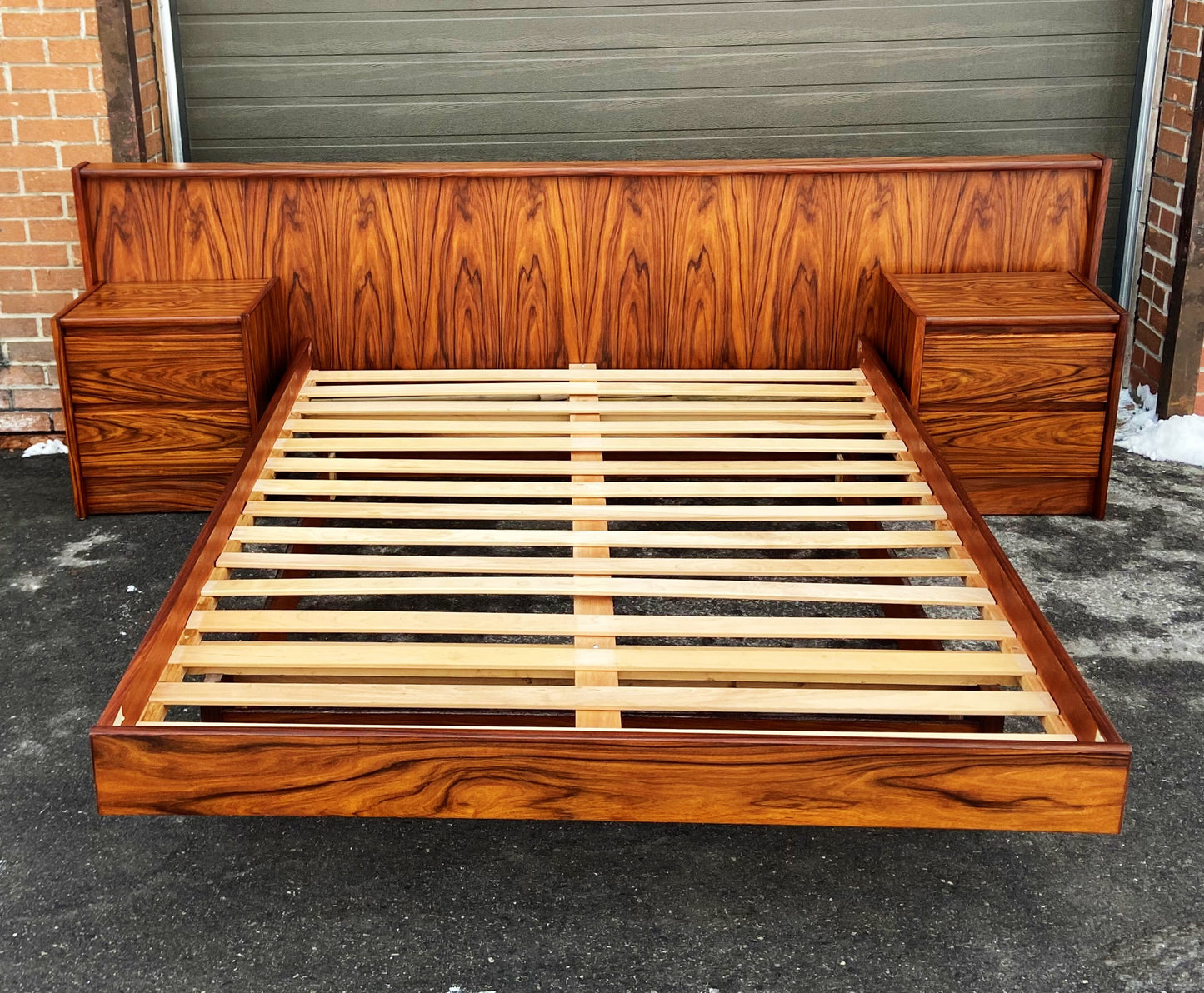 REFINISHED Mid Century Modern Rosewood Queen Bed w 2 Nightstands, PERFECT