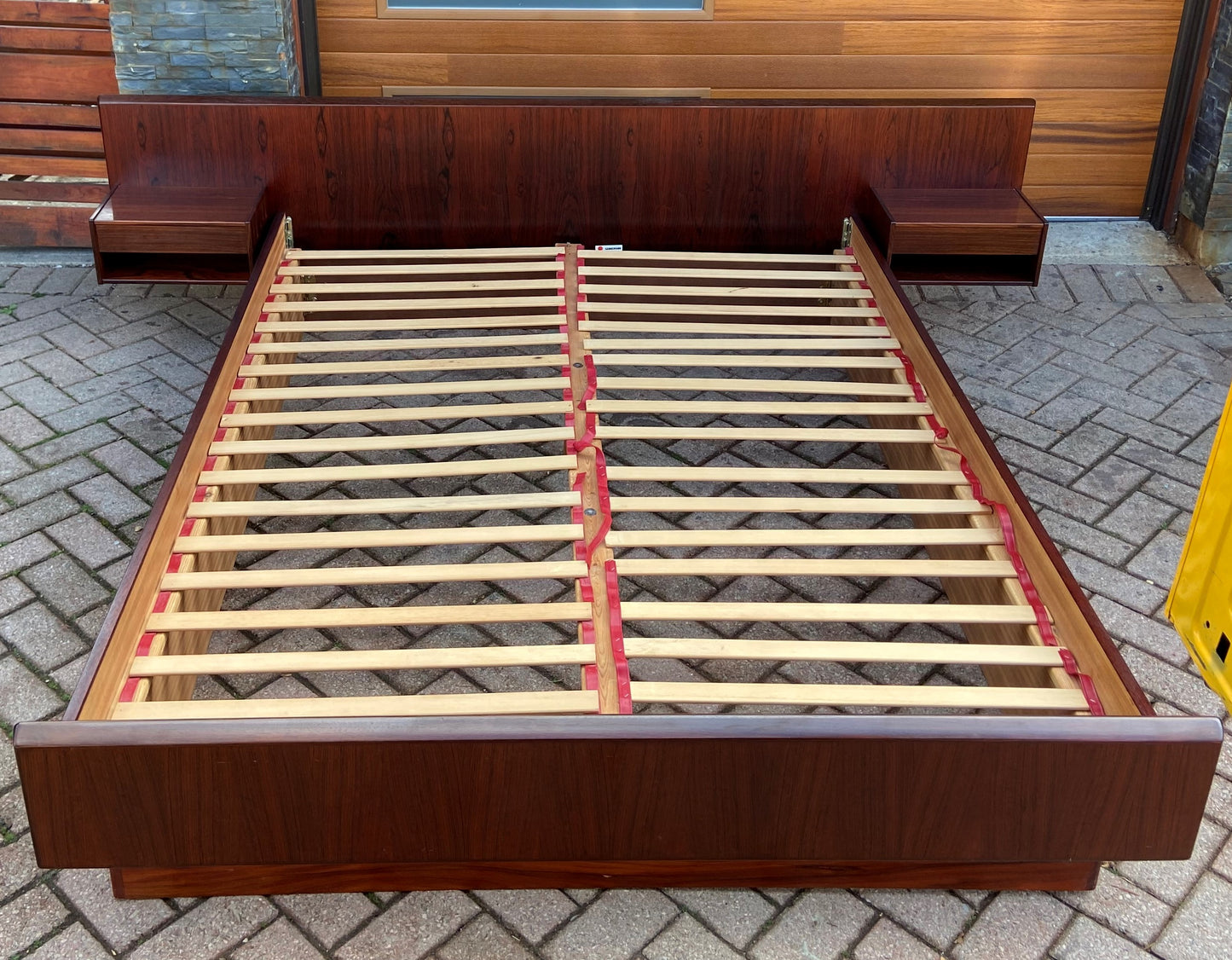 RESTORED Danish Mid Century Modern Rosewood Queen Bed w Floating Nightstands