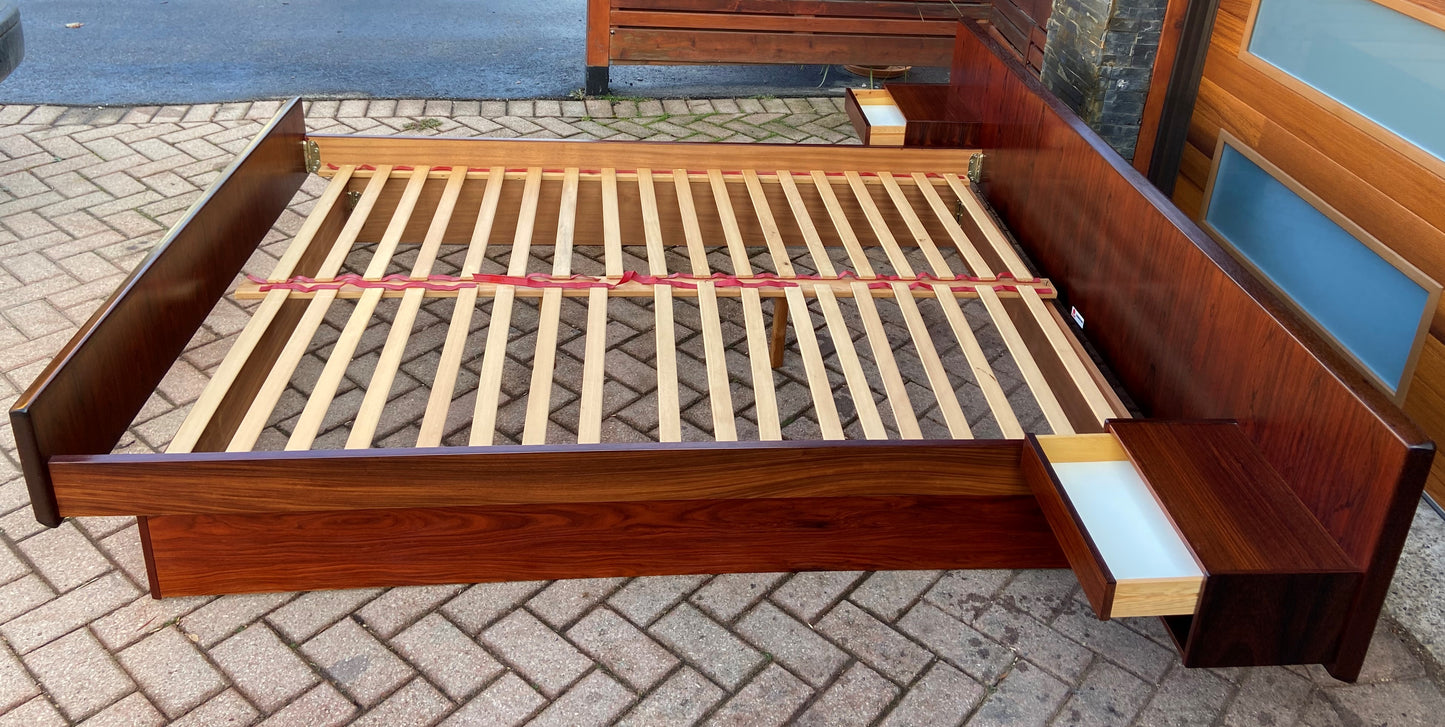 RESTORED Danish Mid Century Modern Rosewood Queen Bed w Floating Nightstands