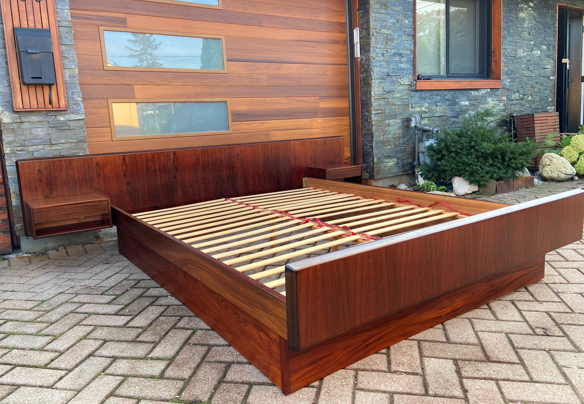 RESTORED Danish Mid Century Modern Rosewood Queen Bed w Floating Nightstands