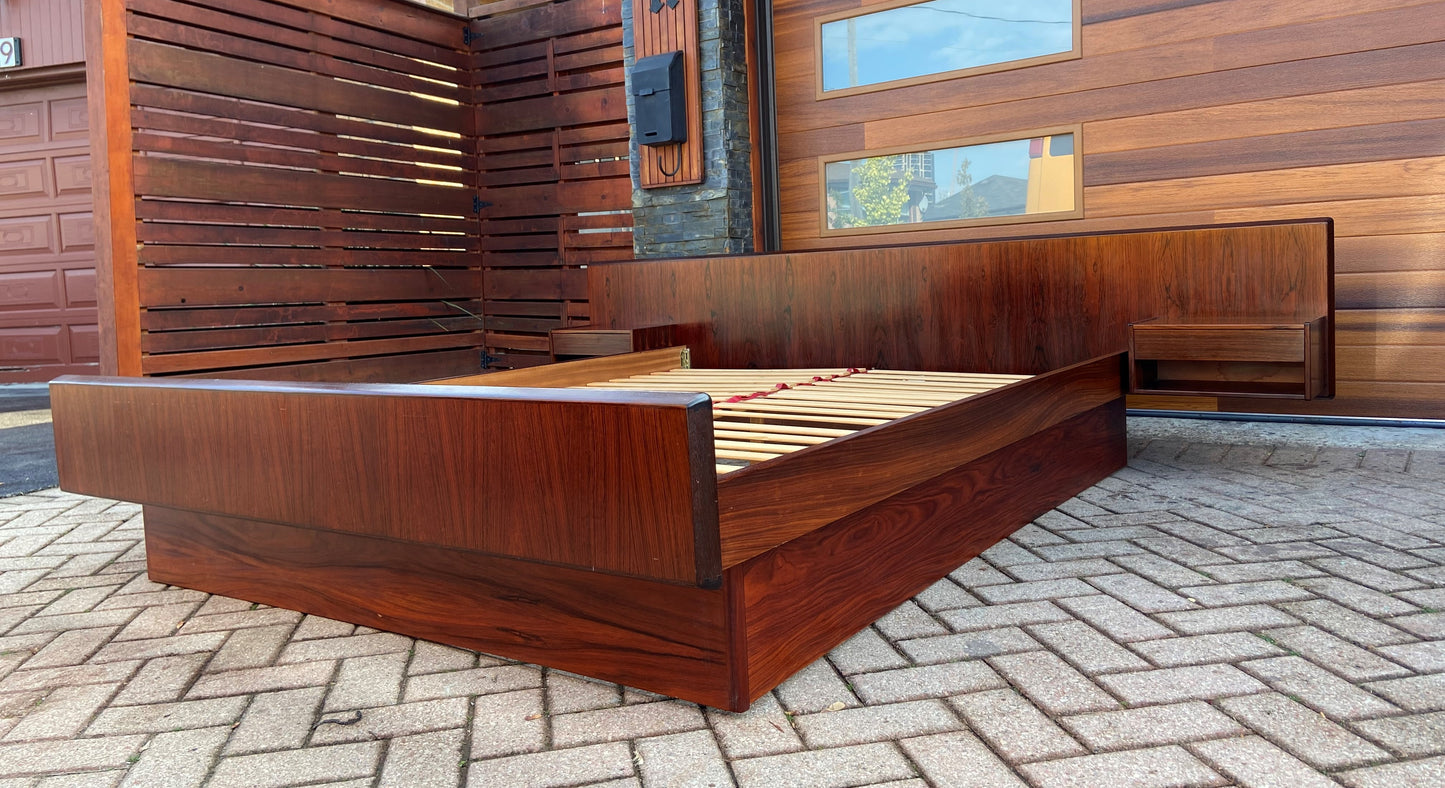 RESTORED Danish Mid Century Modern Rosewood Queen Bed w Floating Nightstands