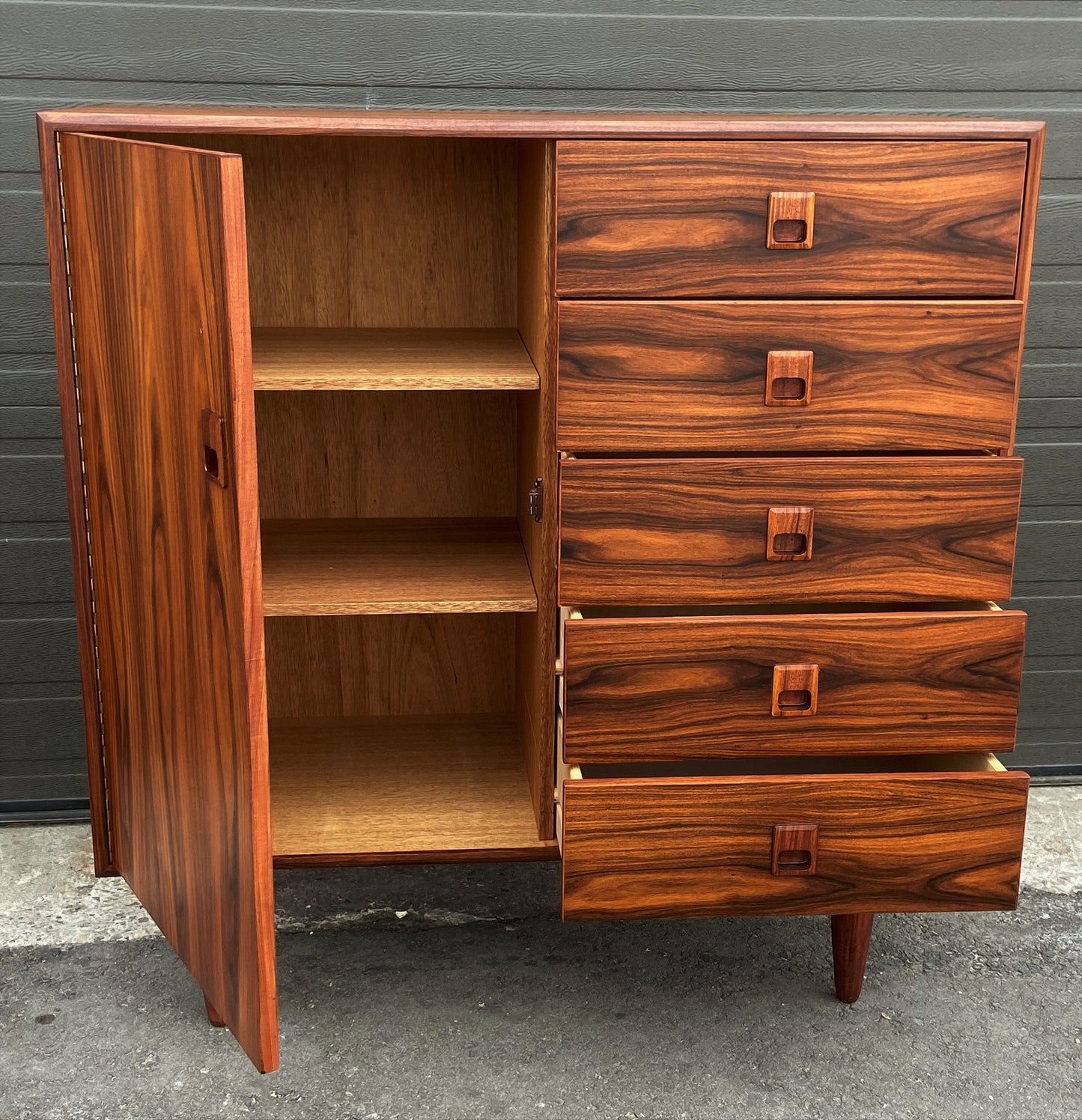 REFINISHED MCM Rosewood dresser, highboy & Queen bed w nightstands PERFECT