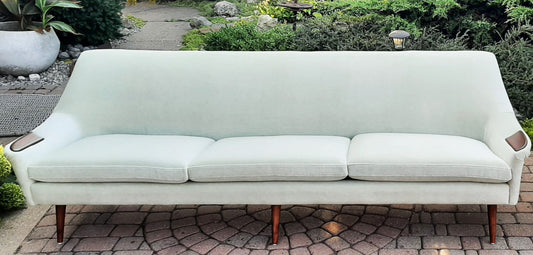 REFINISHED & REUPHOLSTERED in wool mohair Mid Century Modern sofa 4-seater