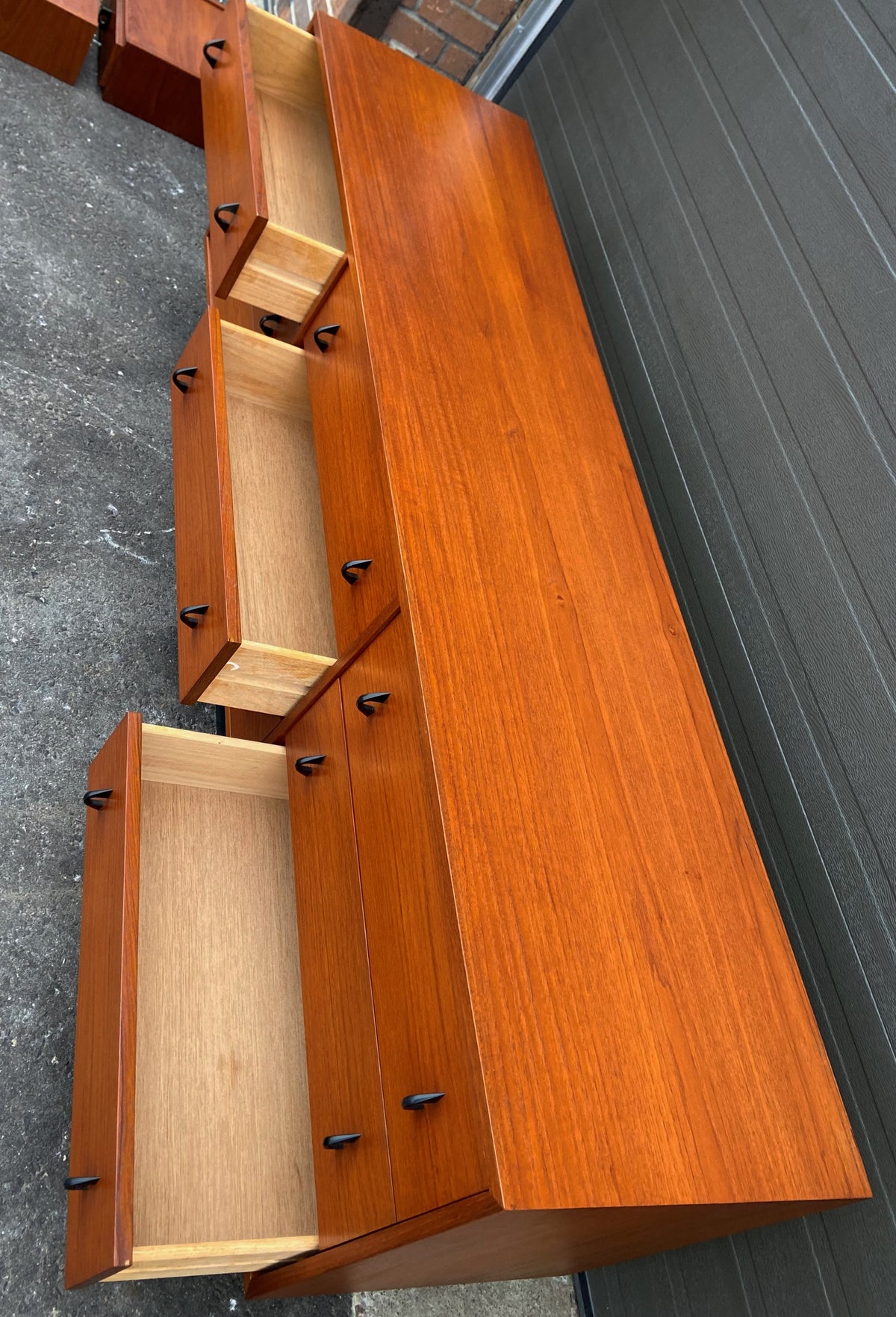 REFINISHED MCM Teak King Bed w Floating Nightstands and 9 Drawers Dresser, PERFECT