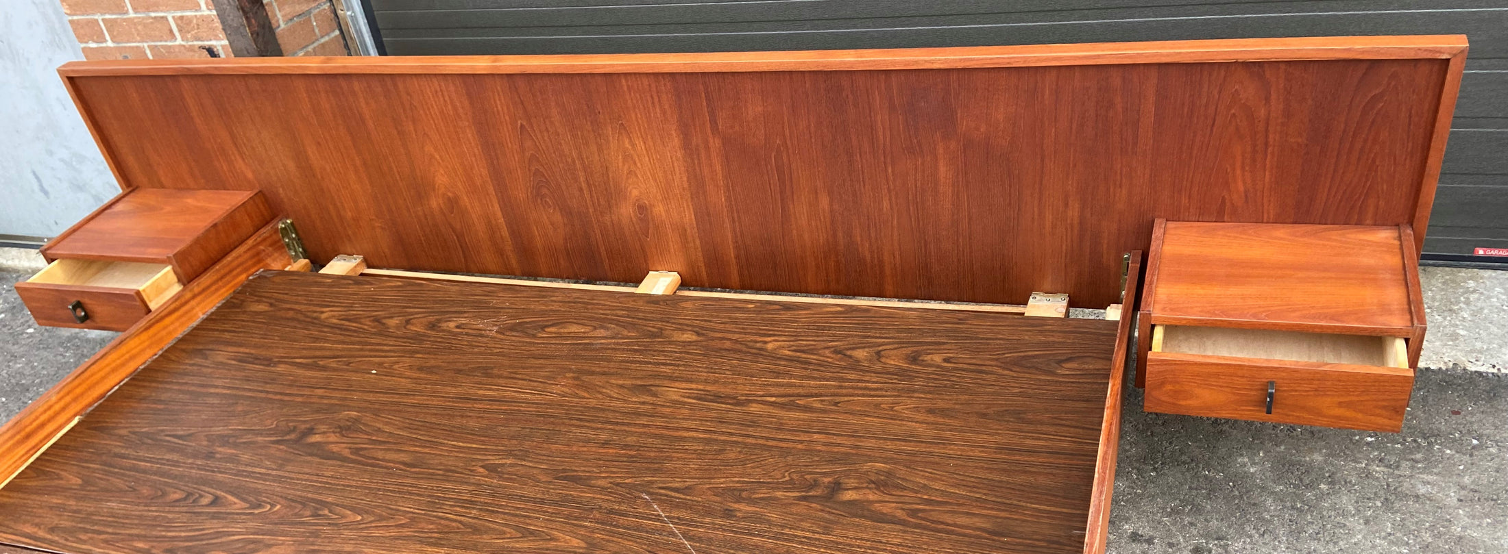 REFINISHED MCM Teak King Bed w Floating Nightstands and 9 Drawers Dres
