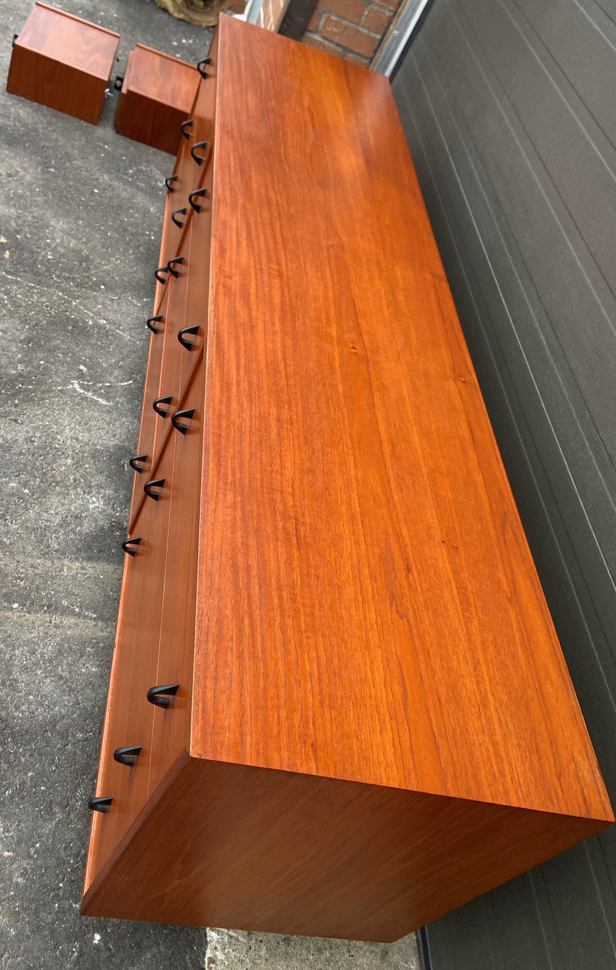 REFINISHED MCM Teak King Bed w Floating Nightstands and 9 Drawers Dresser, PERFECT